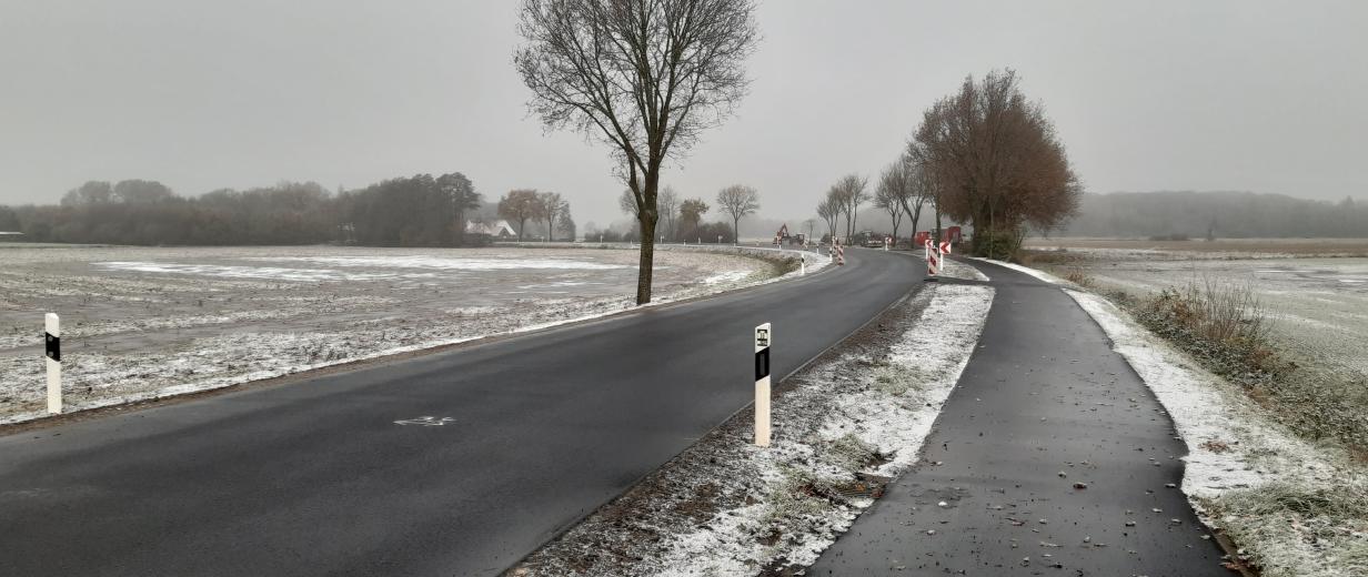 Blick auf eine Landstraße, Felder, Bäume