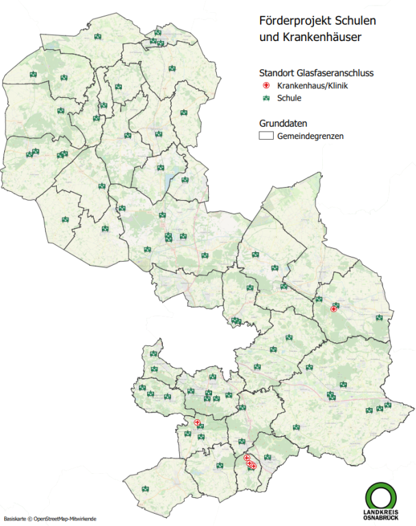 Karte zum Breitbandausbau bei Schulen und Krankenhäusern