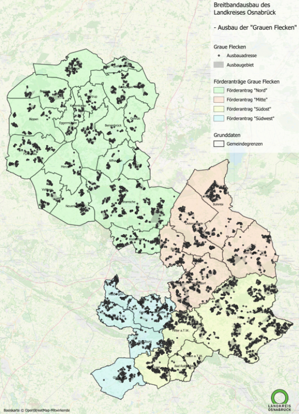 Karte des Landkreis Osnabrück mit Breitbandausbaugebieten